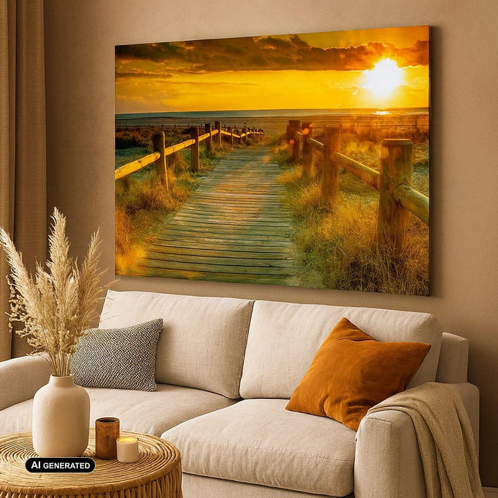 Bilder auf Leinwand Fussgängerbrücke Strand Urlaub Sonne Leinwandbild 70x50cm Wandbilder Dekoration