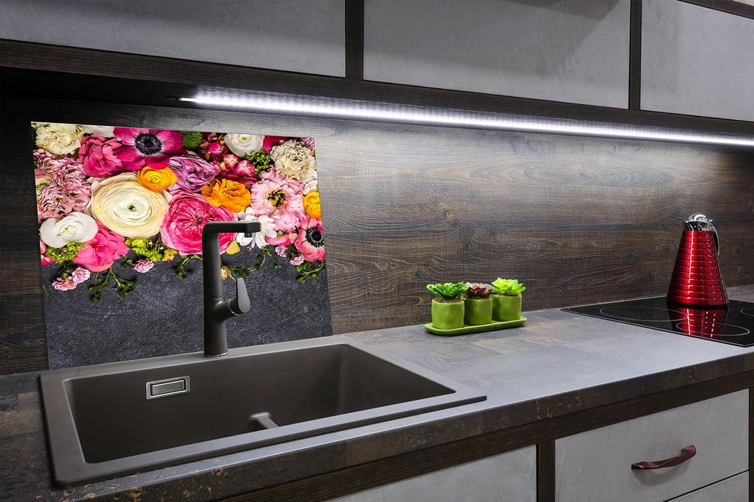 SmartDecoration Herdabdeckplatte Ceranfeldabdeckung aus Glas 60x52 cm Einteilig Motiv "Blumen" Rosa