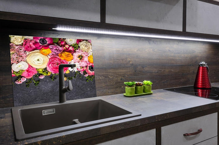 SmartDecoration Herdabdeckplatte Ceranfeldabdeckung aus Glas 60x52 cm Einteilig Motiv "Blumen" Rosa