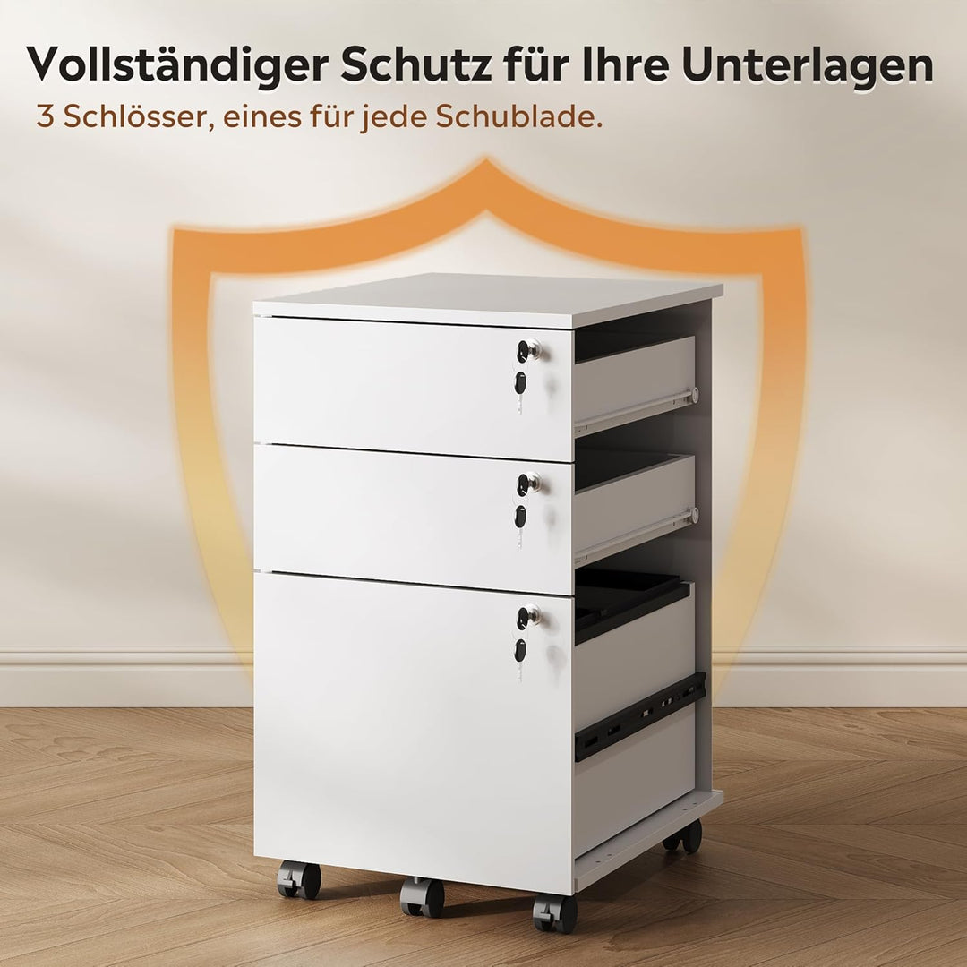 DEVAISE Rollcontainer mit 3 Schubladen, Mobiler Aktenschrank mit Rollen, Druckertisch für DIN A4/Leg