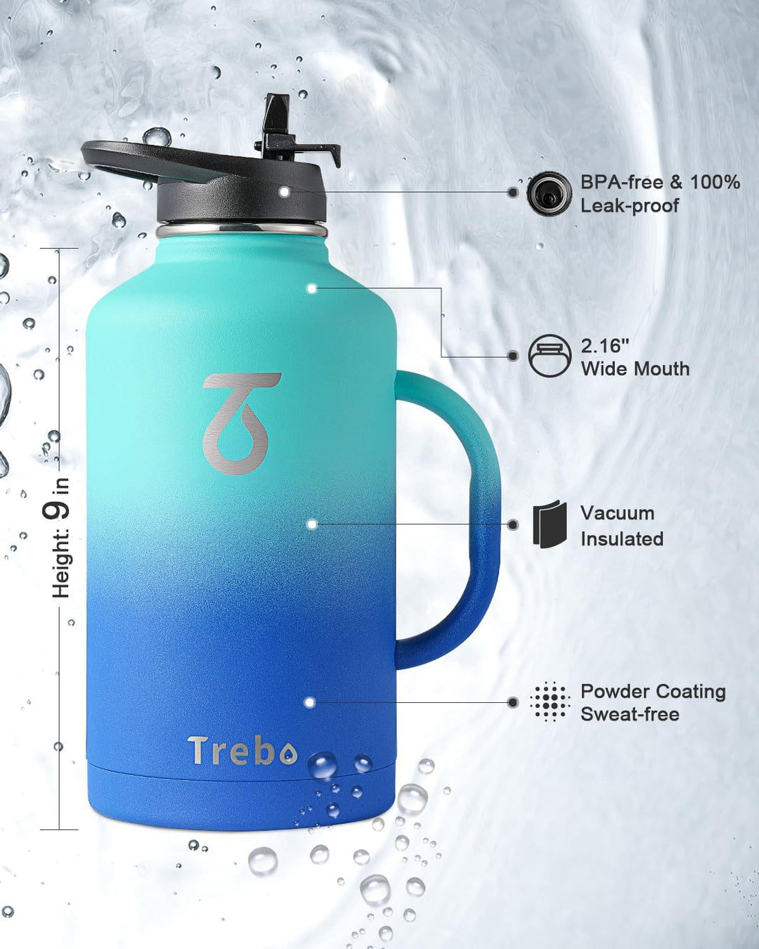 Trebo Isolierte Wasserflasche mit Griff, doppelwandig, Edelstahl, Metall, grosser Krug, Reiseflasche