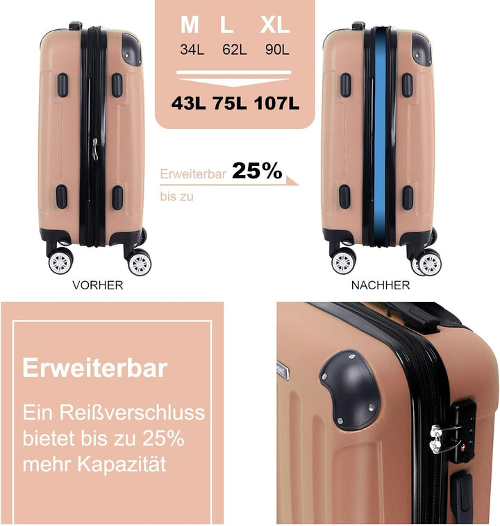3er Kofferset - Robuste ABS- Hartschalenkoffer, TSA-Zahlenschloss, erweiterbare Kapazität - in M, L,