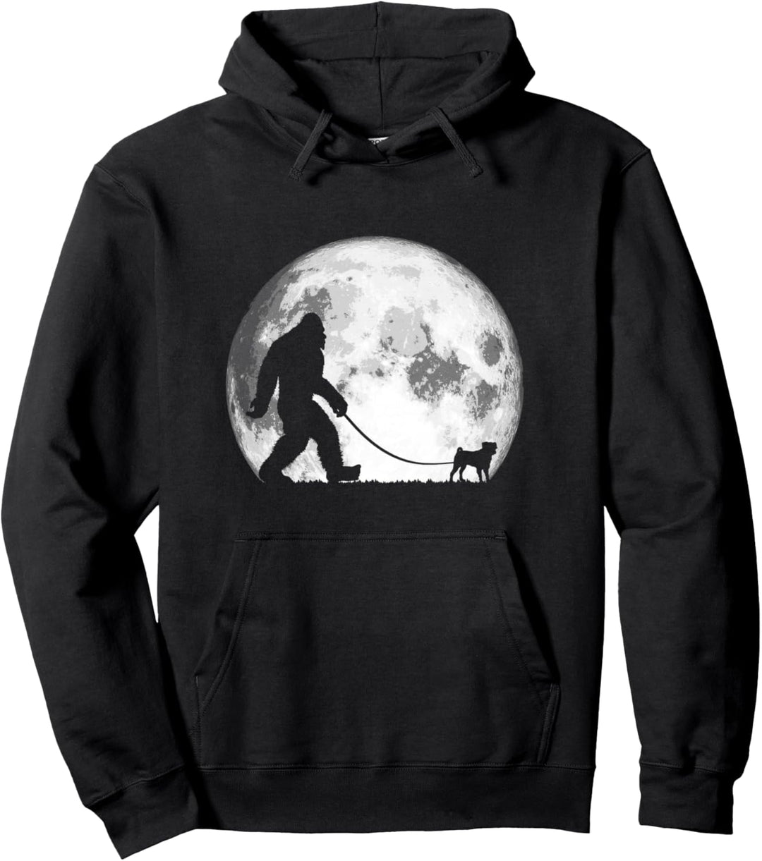 Bigfoot & Pug Funny Night Time Dog Walking Grafik Pullover Hoodie