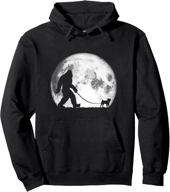 Bigfoot & Pug Funny Night Time Dog Walking Grafik Pullover Hoodie