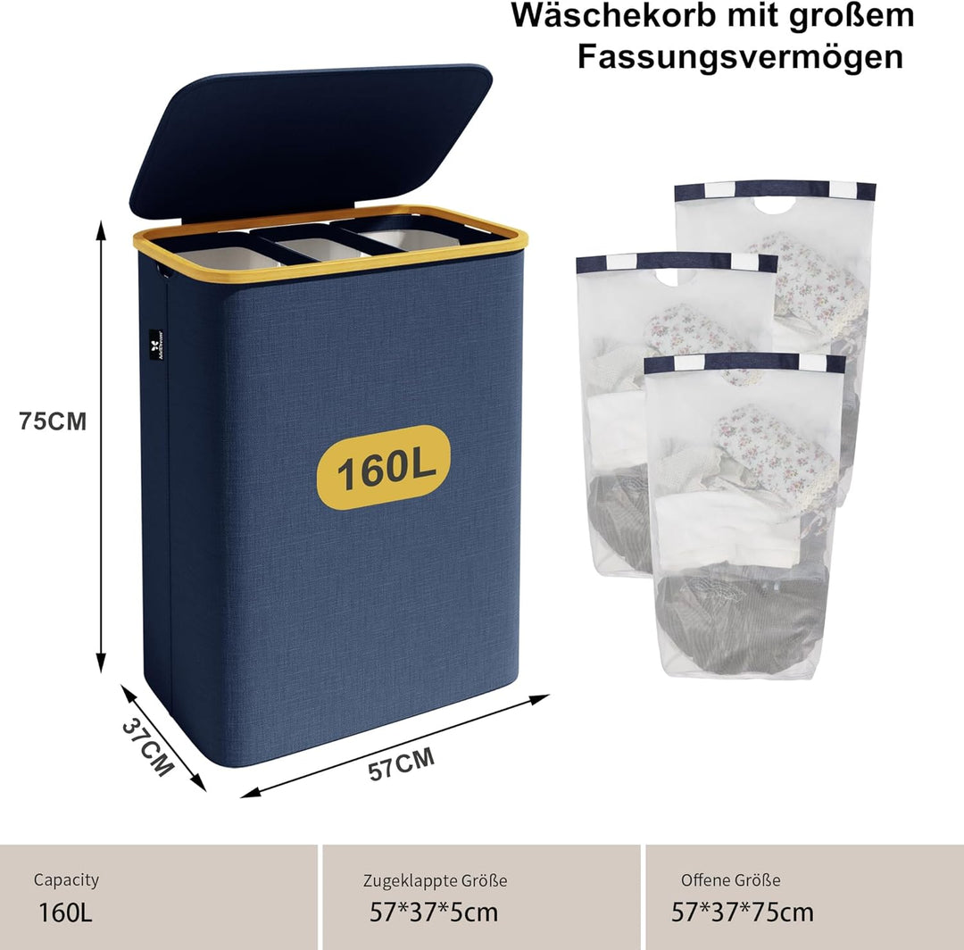 AdelDream 160L Wäschekorb mit Deckel 3 Fächer Wäschekorb Wäschesack schmal - Wäschesortierer Wäscheb
