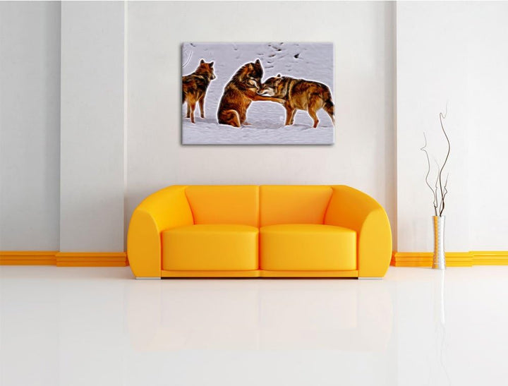spielendes Wolfsrudel Deluxe Format: 100x70 cm auf Leinwand, XXL riesige Bilder fertig gerahmt mit K