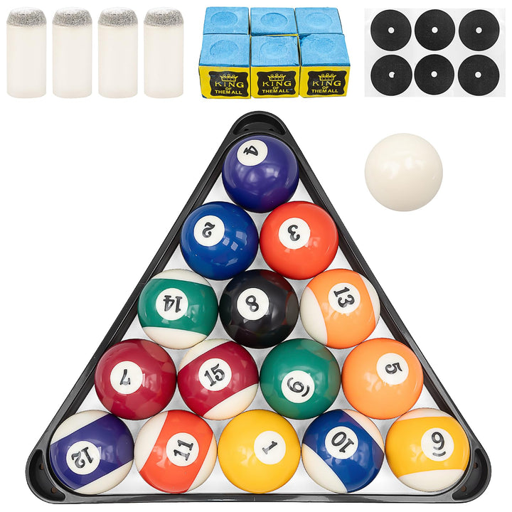 Billard Zubehör Set mit Kugeln, Dreieck, Kreide, Aufklebern &amp; Ersatzspitzen – Komplettes Pool Tisch