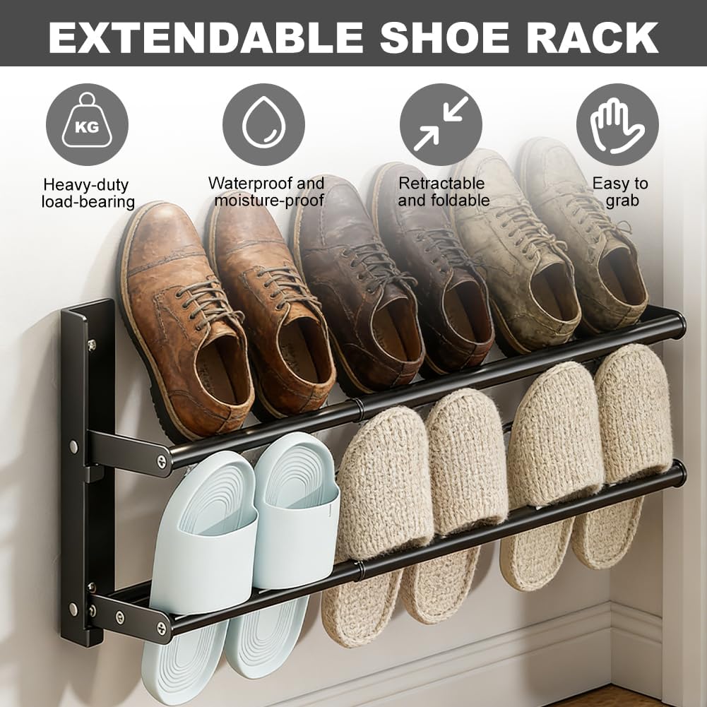 Schuhregal Wandmontage Ausziehbar 37-67cm, Schuhhalter Metall Schwarz, Mini Schuhregal Schmales 2 Eb