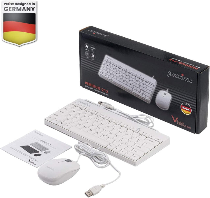Perixx PERIDUO-212 Kompaktes Mini Tastatur und Maus Set, USB-Kabel, Deutsches Layout, Weiss