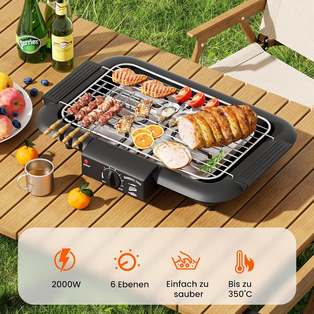 Elektrogrill Tischgrill elektrisch, Elektrischer BBQ-Grill, rauchloser Non-Stick Innen-/Outdoor-Gril