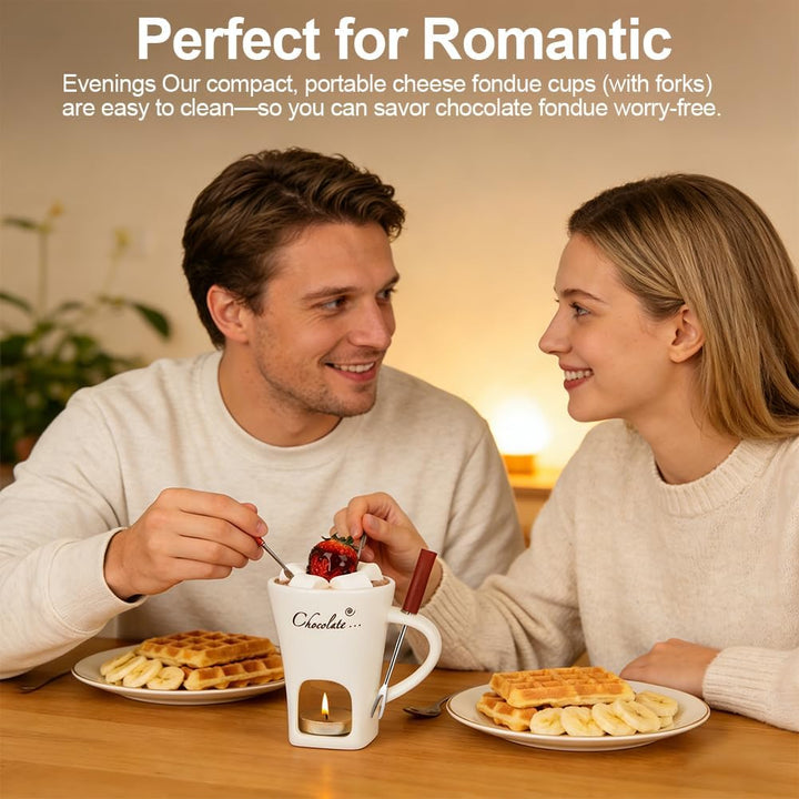 Vicloon Schokofondue Tasse, 130ml Keramik Schokoladenfondue Set mit Gabeln, Schokoladen Fondue Beche
