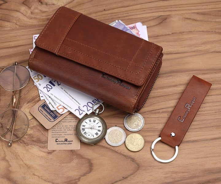 Chunkyrayan Echtleder Damen Geldbörse Hochwertig Vintage RFID Schutz inklusive Leder Schlüsselanhäng