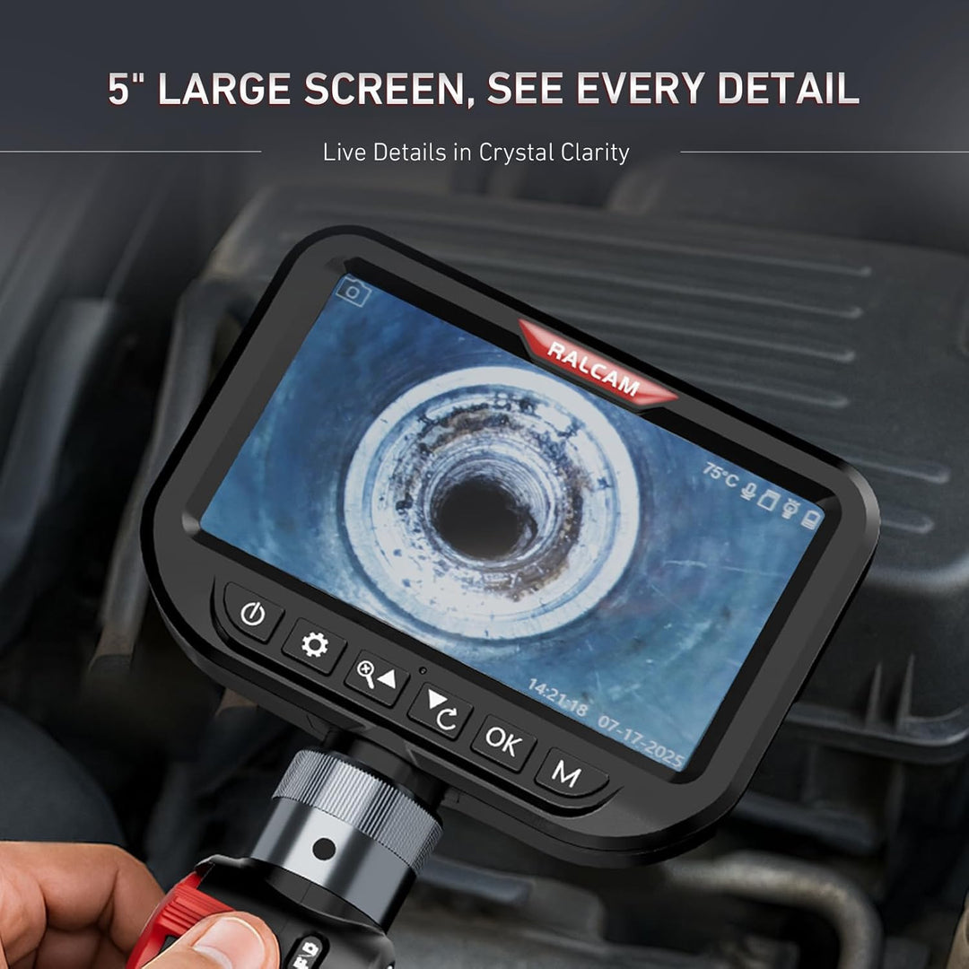 Ralcam Endoskopkamera mit Licht, Endoscope Camera mit 210° beweglichem Kopf, 3.9mm Sonde, 5" HD Bild