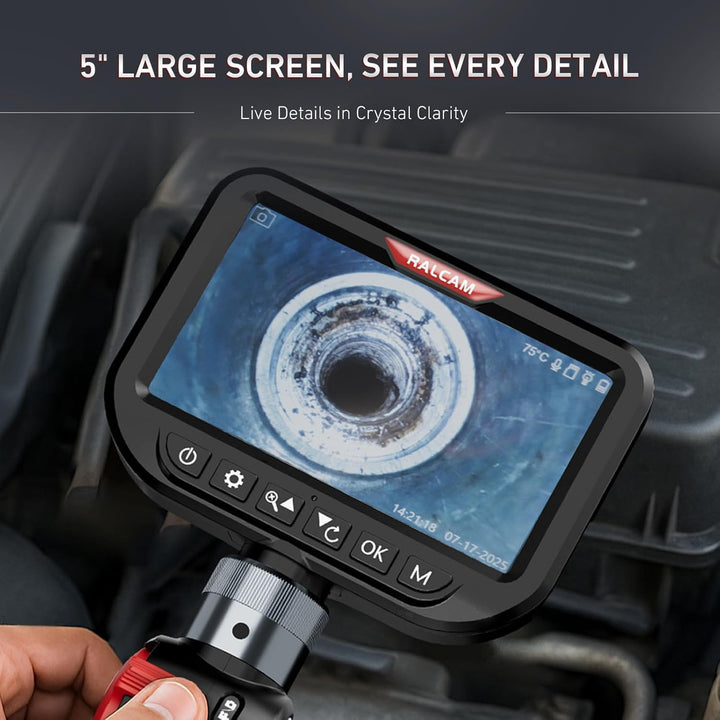 Ralcam Endoskopkamera mit Licht, Endoscope Camera mit 210° beweglichem Kopf, 3.9mm Sonde, 5" HD Bild