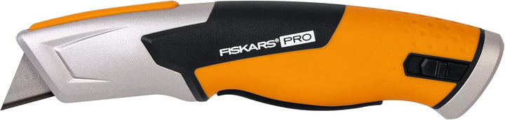Fiskars Pro Sicherheits-Universalmesser mit einziehbarer Klinge, Länge 17,7 cm, Rostfreier Stahl/Kun