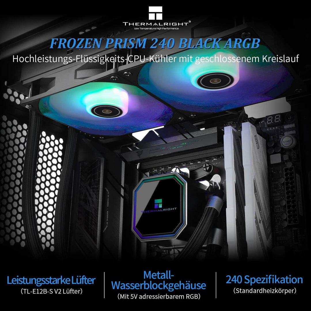 Thermalright Frozen Prism 240 Schwarz ARGB CPU Wasserkühler mit zwei PWM-Lüftern, Wasserpumpe Drehza