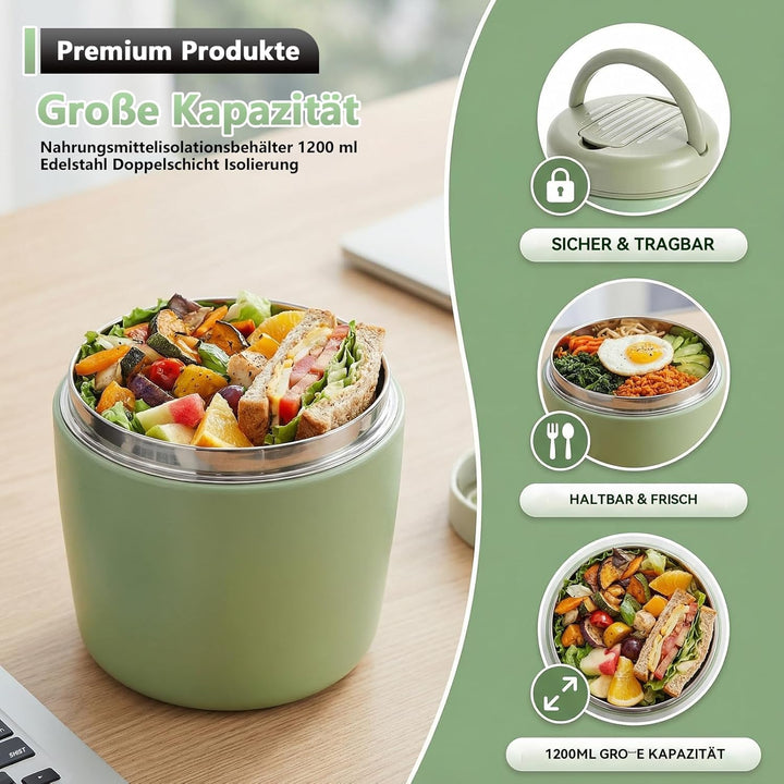 Thermobehälter für Essen 1200ml – Warmhaltebehälter aus Edelstahl mit Deckel & Löffel, Thermobox für