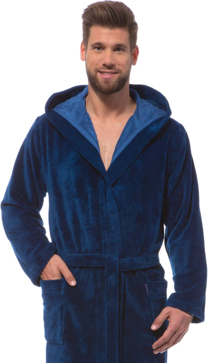 Morgenstern Bademantel Herren mit Kapuze Luxus Frottee Velours Lang M Marine, M Marine