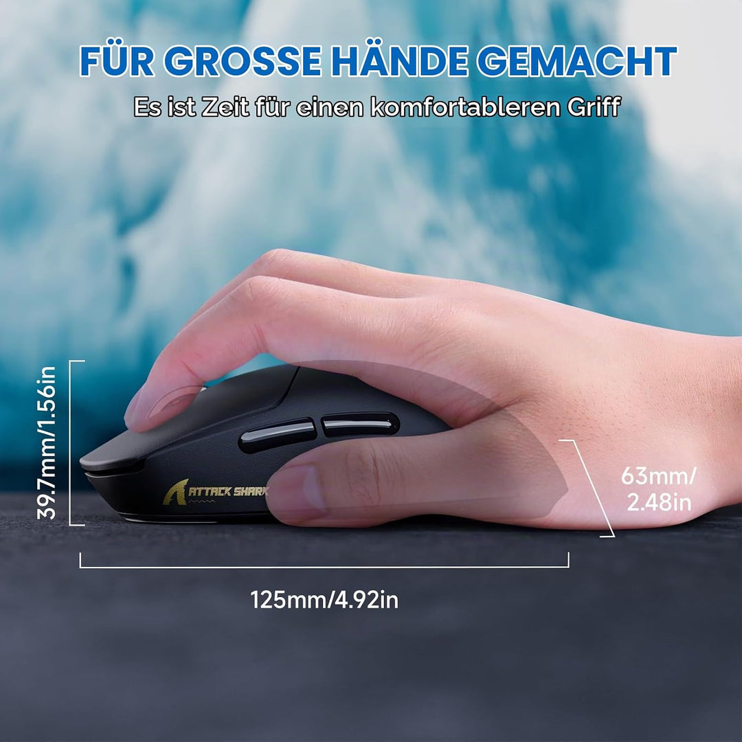 ATTACK SHARK X8 Serie Kabellose Gaming-Maus, 55–65 g Superleicht, PixArt PAW3395/3950 Sensor, BT/2.4
