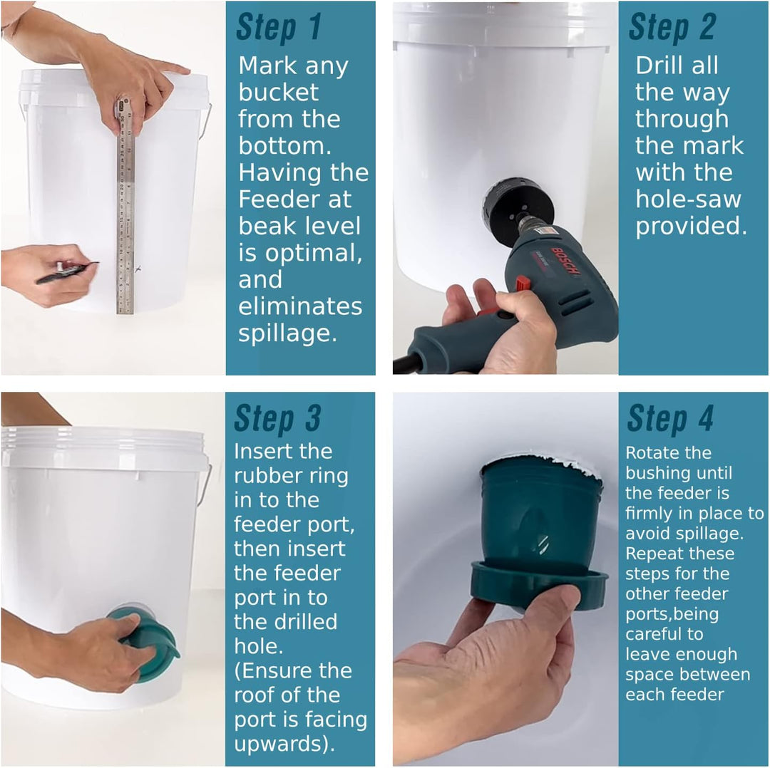 Whimsii Hühnerfutterspender ohne Abfall, 6 Anschlüsse + Lochsäge, Automatischer Hühnerfutterspender,