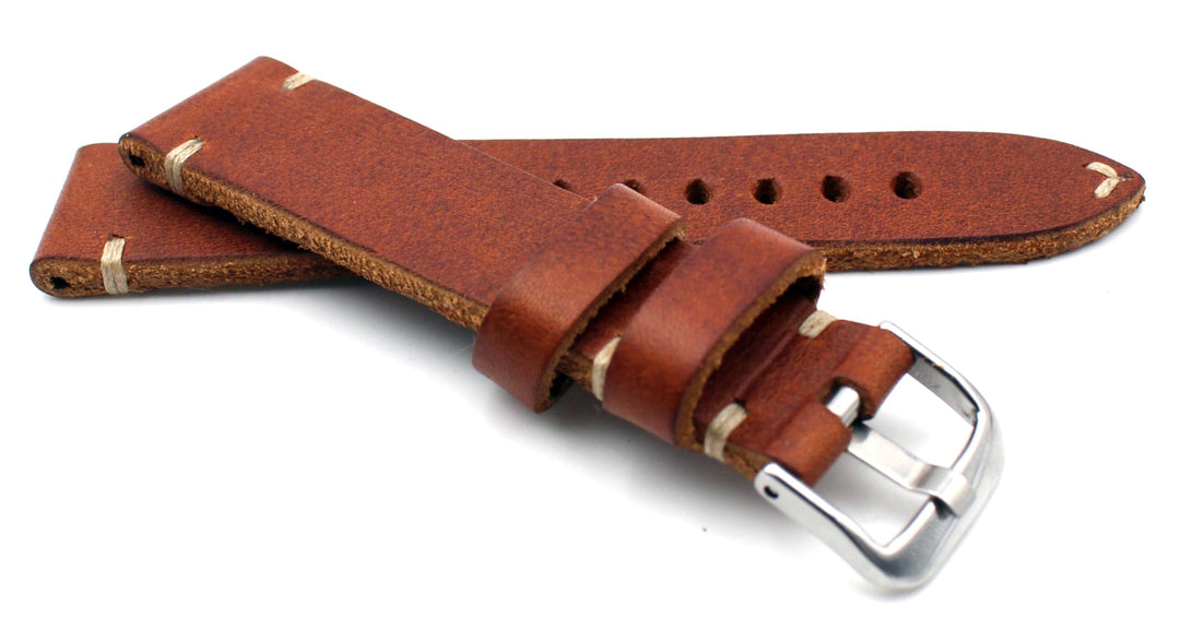 22mm RIOS1931 Handarbeit Deutsch Vintage Lederband Weisse Naht braun