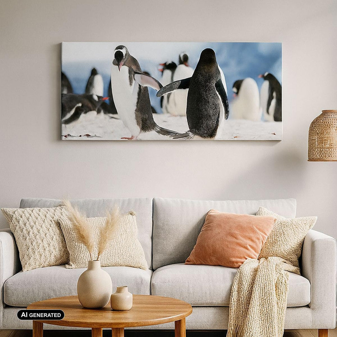 Panorama Bilder auf Leinwand Pinguine Winter Natur Schnee Leinwandbild 90x30cm Wandbilder Dekoration