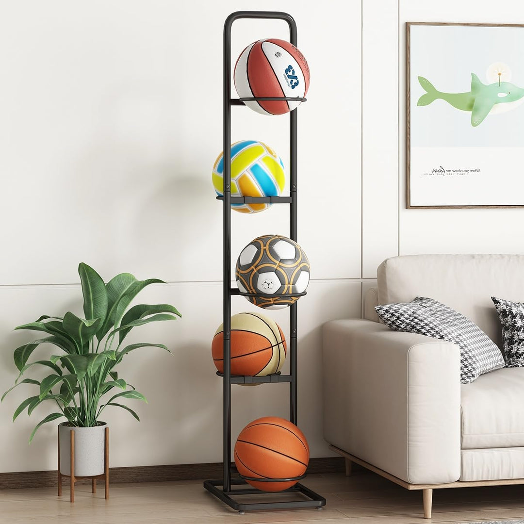 Ball Aufbewahrung – Stehender Stahl-Ballständer mit 5 Kugelhaltern für Basketball, Fussball &amp; Volley