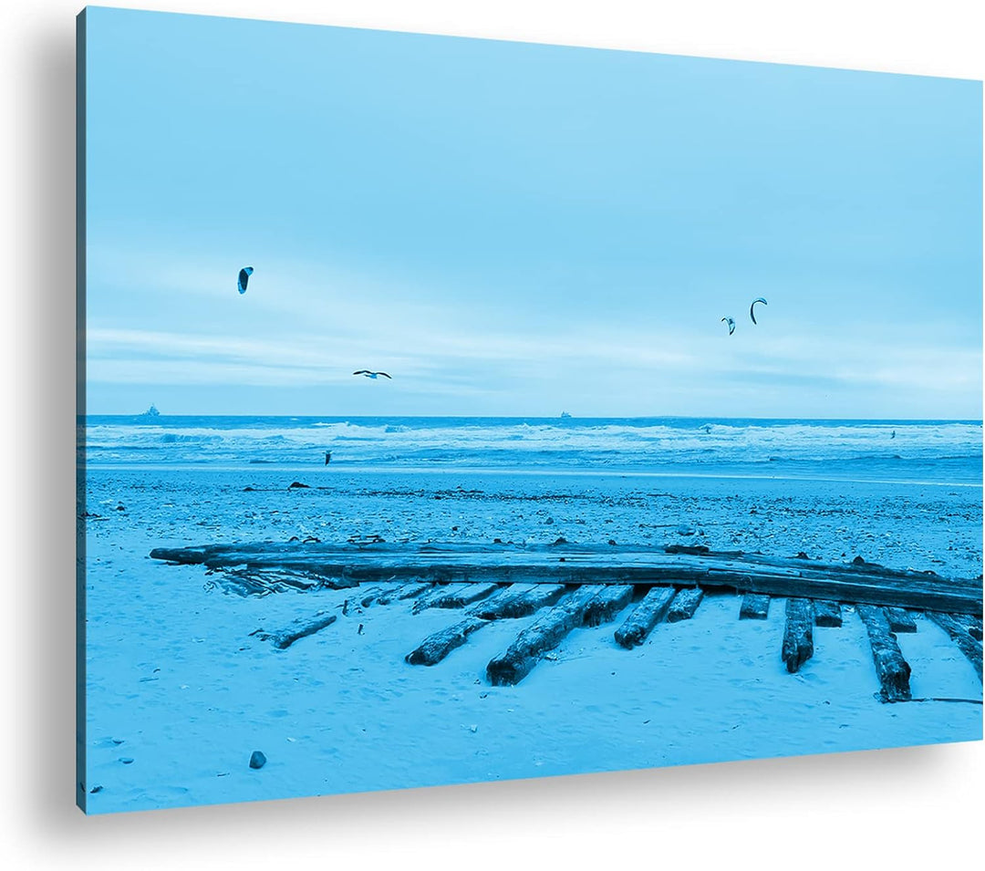 deyoli Sandstrand mit Möwen Format 80x60 Effekt: Monocrome Blau als Leinwandbild, Motiv fertig gerah