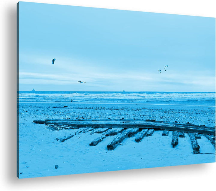deyoli Sandstrand mit Möwen Format 80x60 Effekt: Monocrome Blau als Leinwandbild, Motiv fertig gerah