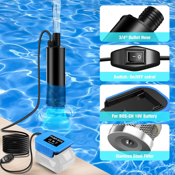 Tragbare Wasserpumpe Sumpfpumpe für Bosch Professional 18V System GBA Akku, 120W, 12V Regenfass Wass