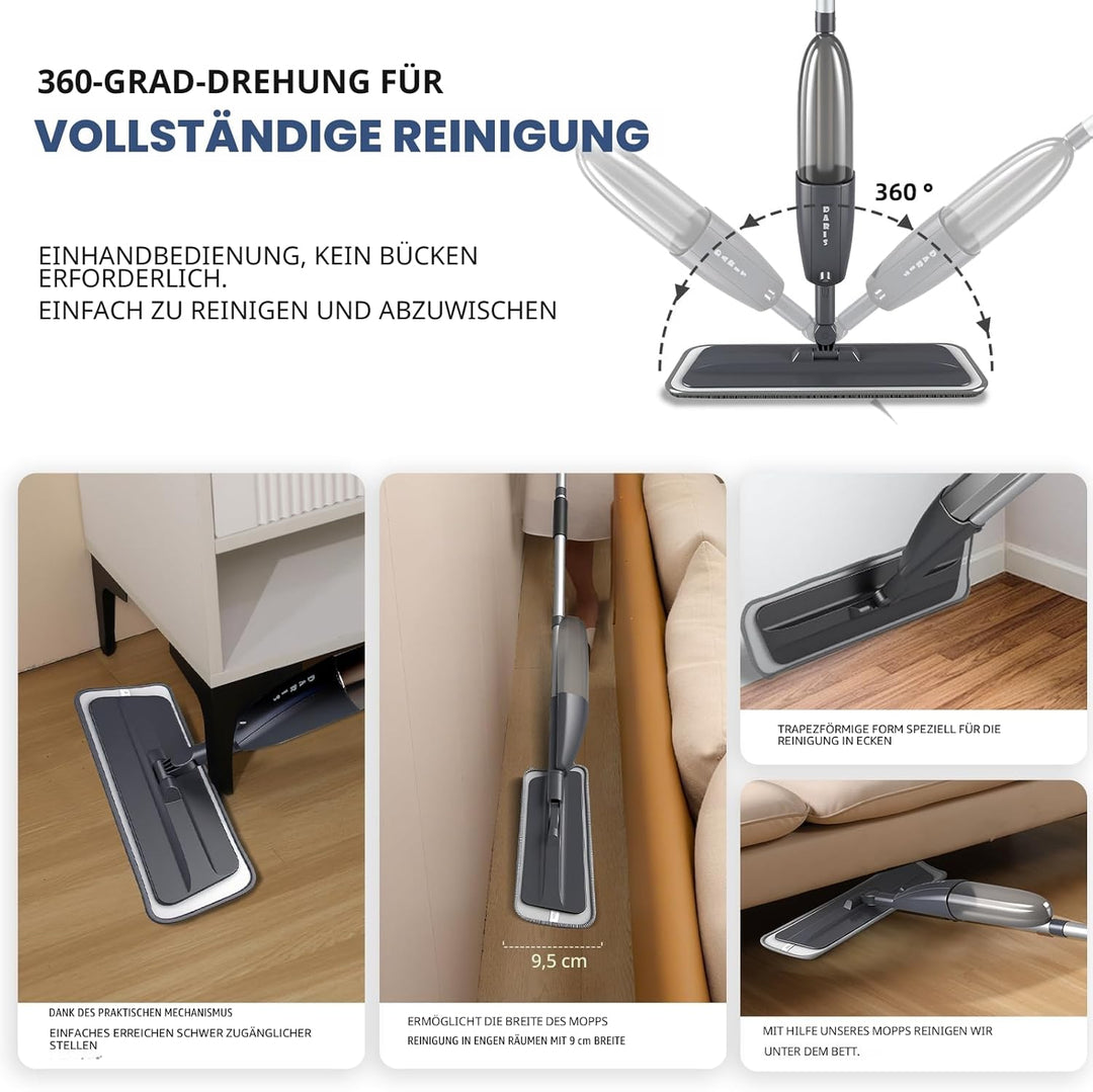 Grauer Wischer mit Sprühfunktion, 360° drehbarer Bodensprühwischer mit 3 waschbaren Mikrofaserpads,