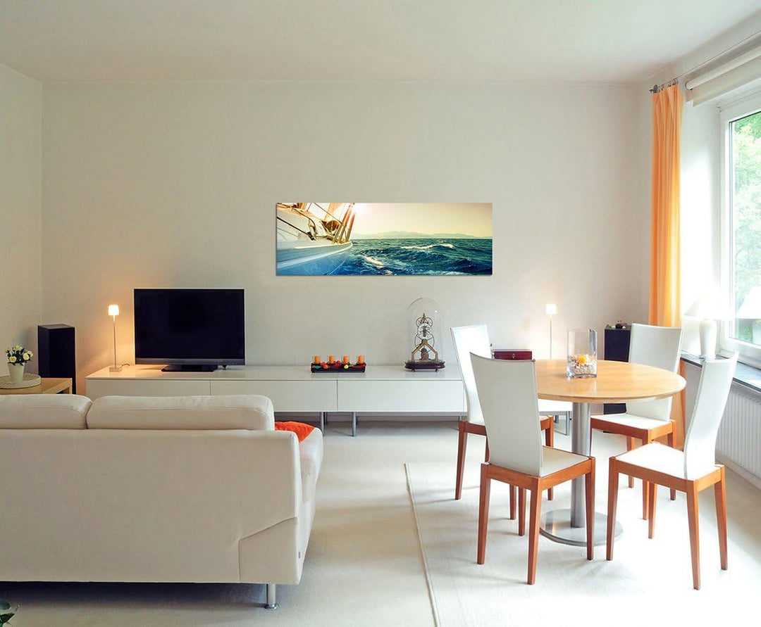 Paul Sinus Art Panoramabild auf Leinwand und Keilrahmen 120x40cm Meer Segelboot Yacht Sonnenuntergan