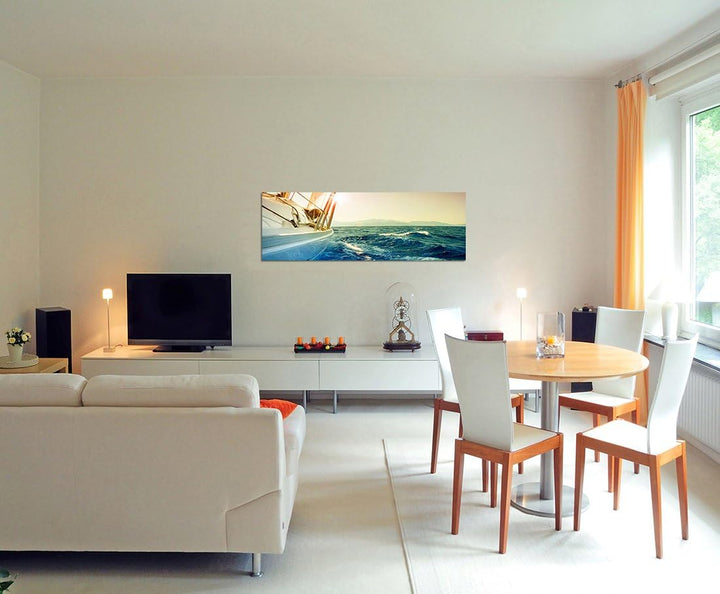 Paul Sinus Art Panoramabild auf Leinwand und Keilrahmen 120x40cm Meer Segelboot Yacht Sonnenuntergan