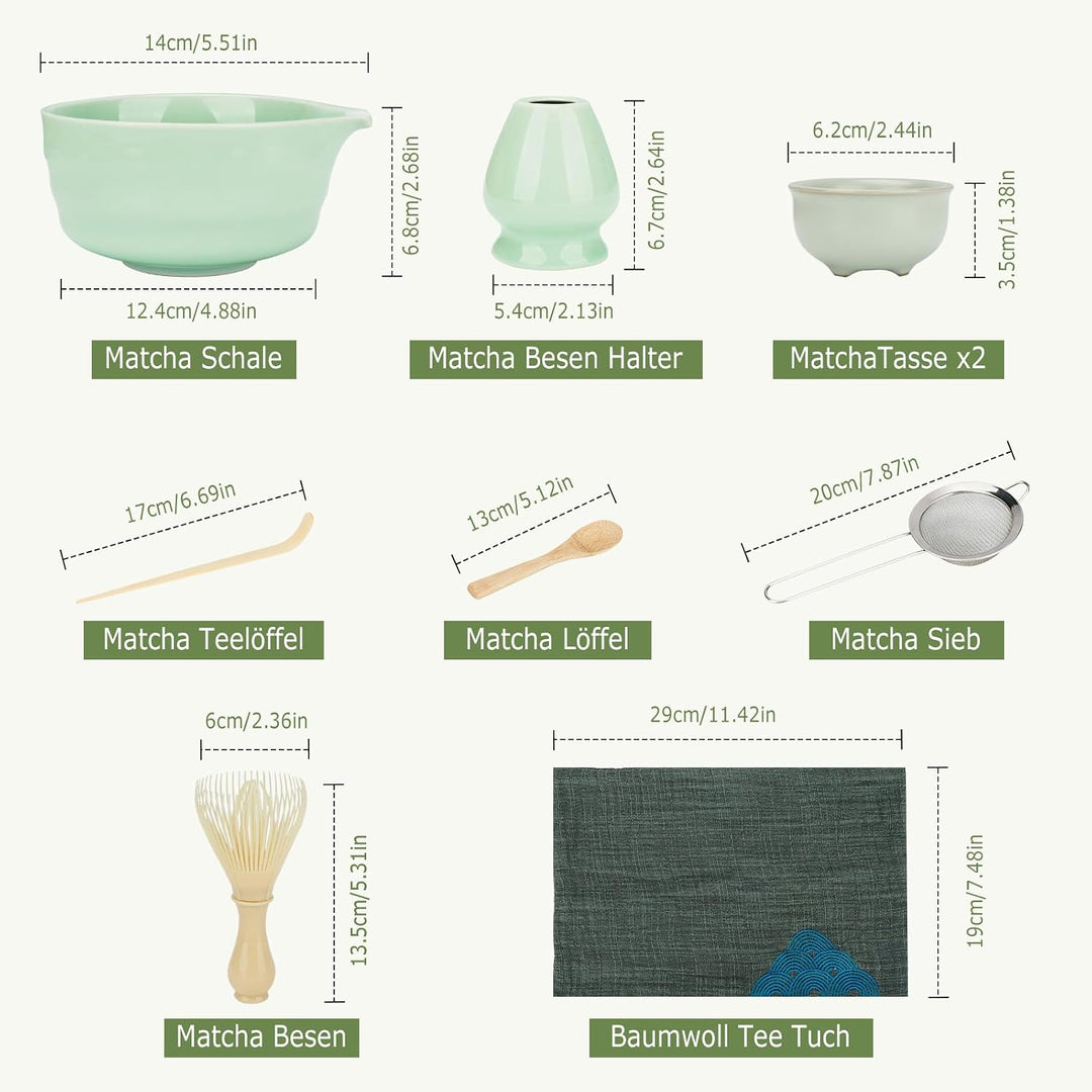 Zingbee Matcha Set 9-teilig – Keramik Schale mit Ausgiesser &amp; Matcha Besen | Matcha set grün:inklusi