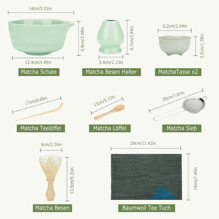 Zingbee Matcha Set 9-teilig – Keramik Schale mit Ausgiesser &amp; Matcha Besen | Matcha set grün:inklusi