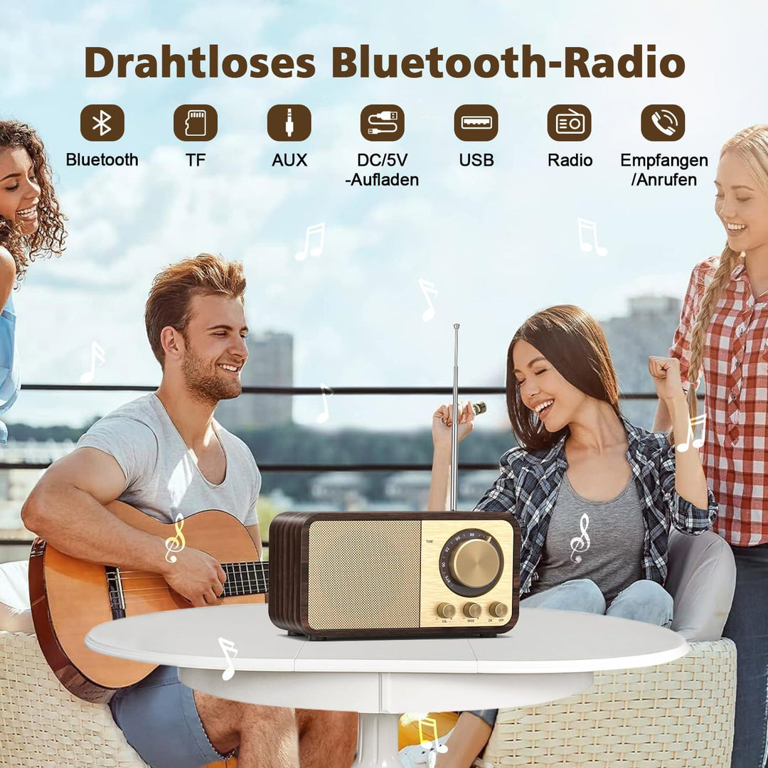 Nostalgie Radio, Retro Radio mit Bluetooth, TF Karten Slot, 2000mAH Wiederaufladbare Batterie, 5 Wat