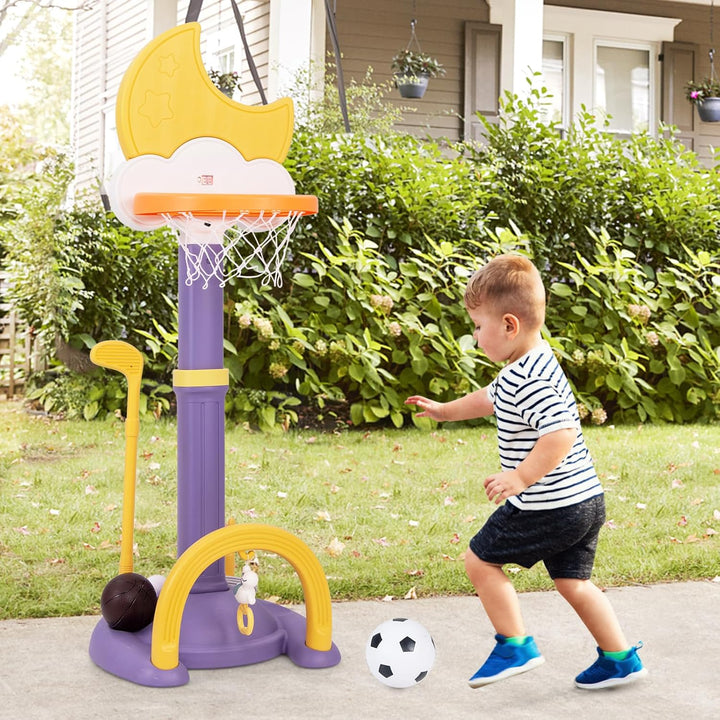 HOMASIS 4 in 1 Kinder Basketballkorb Set, multifunktional Basketballständer mit Fussballtor & Golf &