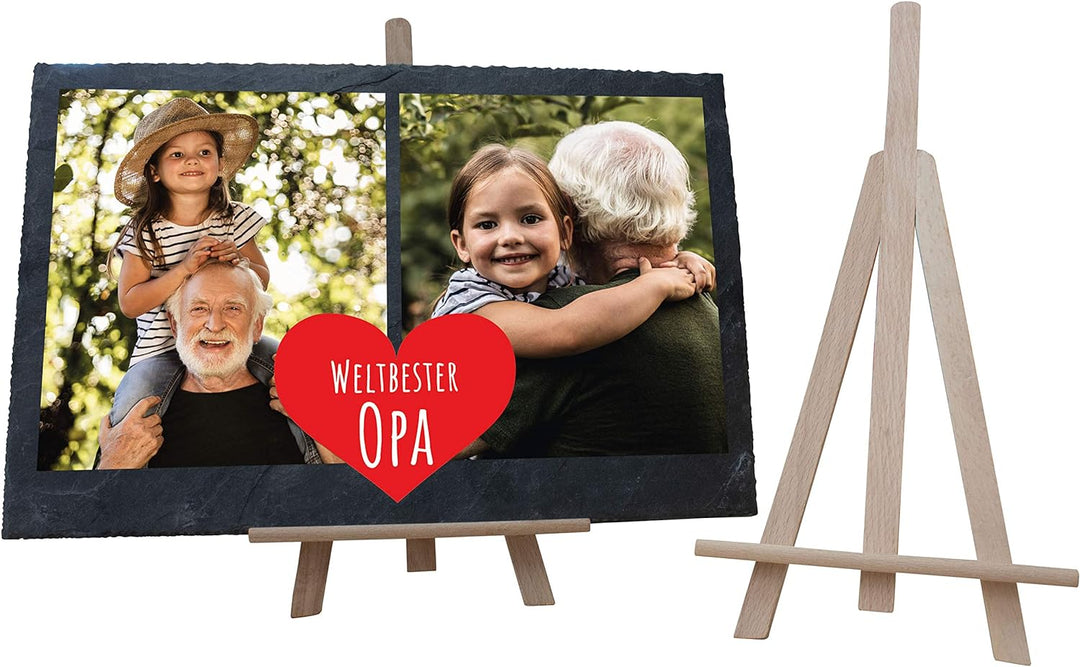 wandmotiv24 Schiefertafel Bester Opa mit Holz-Staffelei, Personalisiert mit 2 Farb-Fotos, Digitaldru