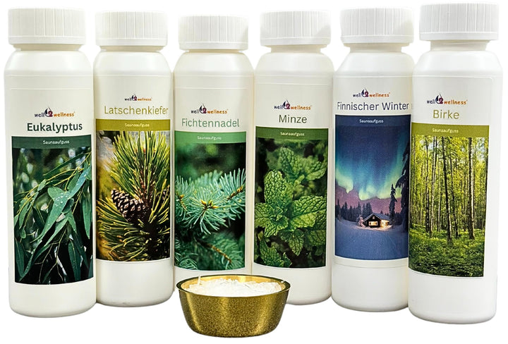 Sauna-Aufguss-Set 'Klassiker' 6 x 125 ml + gratis 10g Mentholkristalle