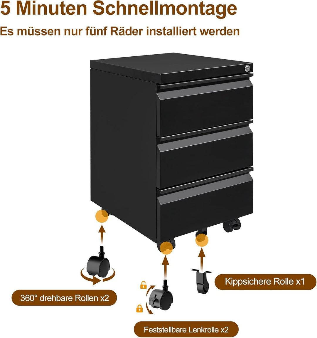 Rollcontainer, Mobiler Aktenschrank mit Schloss, 4 Schlüssel, 3 Schubladen, Büroschrank aus Metall,
