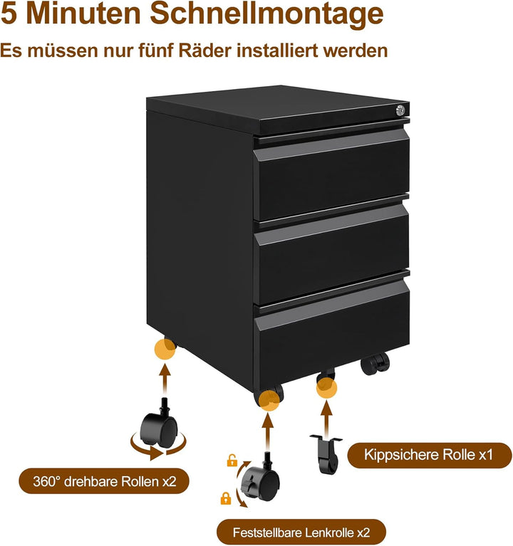 Rollcontainer, Mobiler Aktenschrank mit Schloss, 4 Schlüssel, 3 Schubladen, Büroschrank aus Metall,