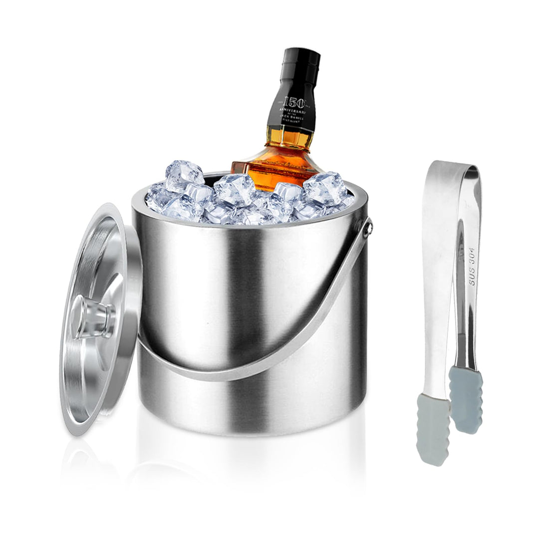 Hocadrv Eiskübel 2L Edelstahl Eiskübel Eisbehälter Eiskübel mit Deckel und Eiswürfelzange Eisbehälte