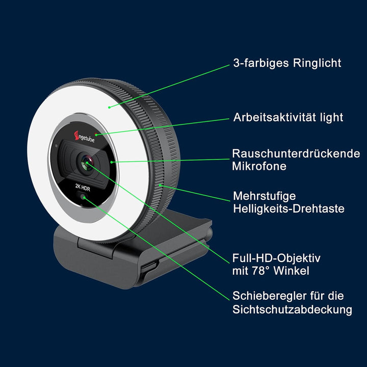 Angetube Streaming Webcam 2K mit Ringlicht, 1080P PC Kamera mit Steuerung | Dual-Stereo-Mikrofon, Pr