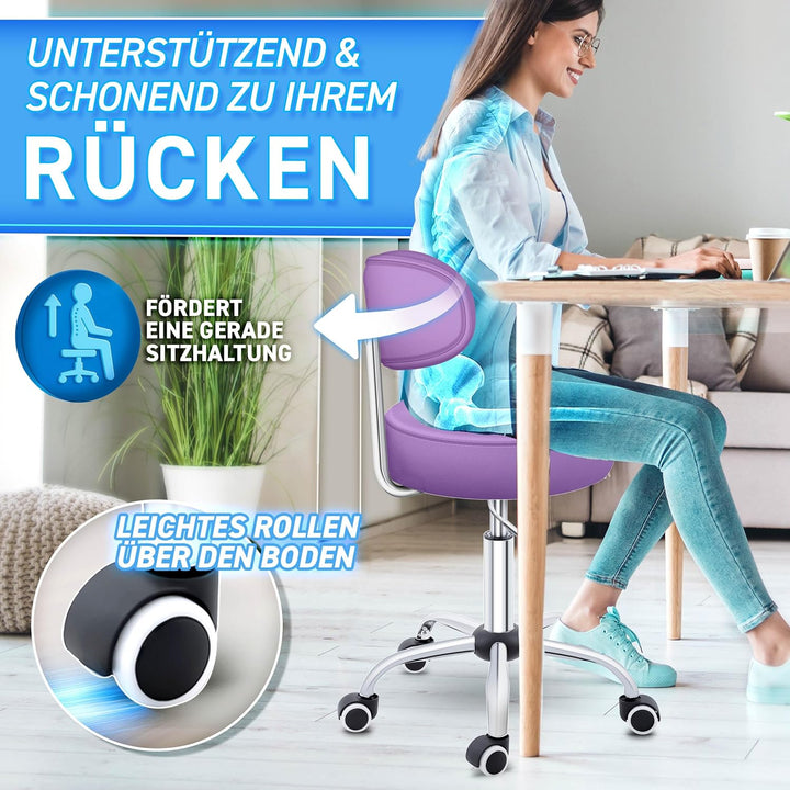 TRESKO® Rollhocker mit Lehne höhenverstellbar 10cm Dicke Polsterung Drehbar | Hocker 46-58cm | Arbei