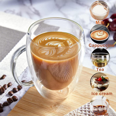 350ml Kaffeeglas Latte Macchiato Gläser mit Henkel, 4-Stück Teeglas Doppelwandige Gläser, Borosilika