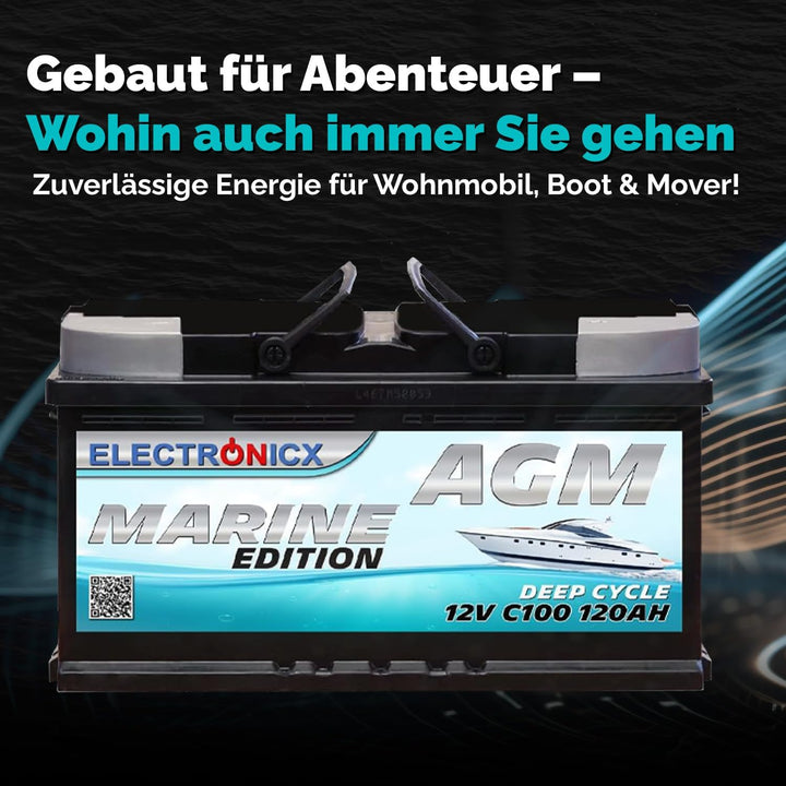 Electronicx AGM Marine Edition 12V 120Ah – Deep Cycle Versorgerbatterie, wartungsfrei & versiegelt,