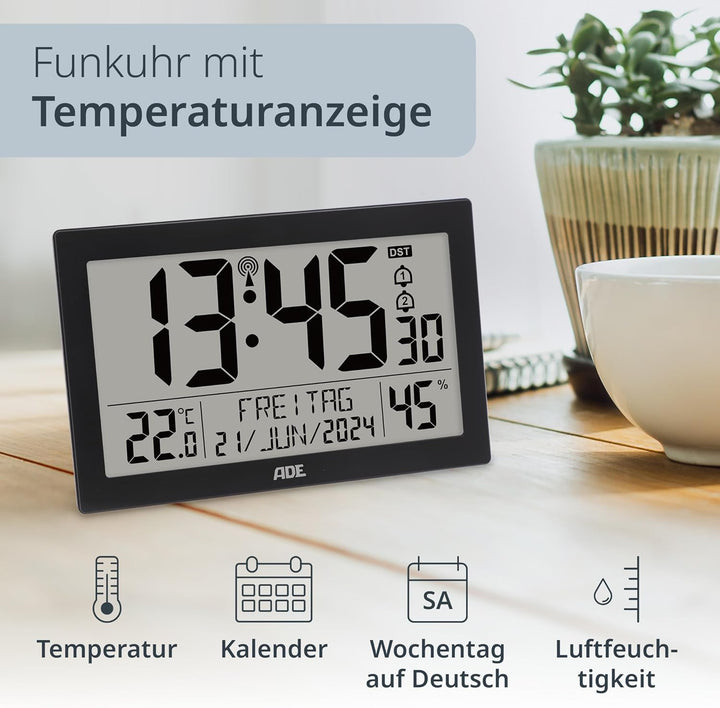 ADE Digitale Funkuhr mit grossem XL-Display | Kalender | mit Temperaturanzeige & Hygrometer | Wanduh
