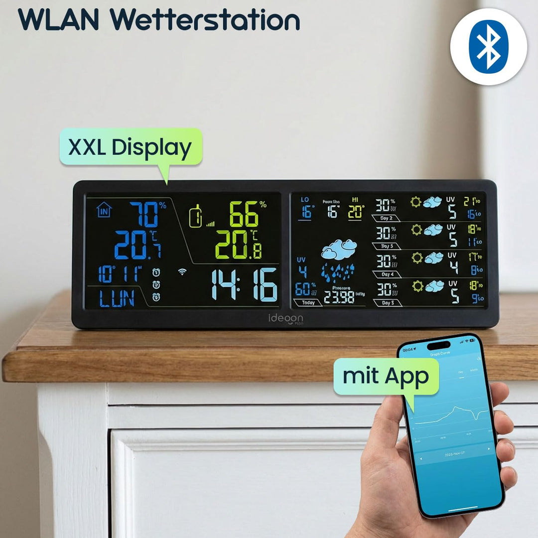 ideoon WLAN Wetterstation mit App & XXL Display: Tuya Smart Home, Aussen-Sensor, Weck-Alarm - Temper