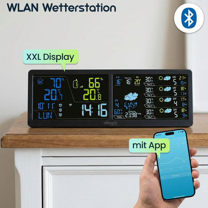 ideoon WLAN Wetterstation mit App & XXL Display: Tuya Smart Home, Aussen-Sensor, Weck-Alarm - Temper