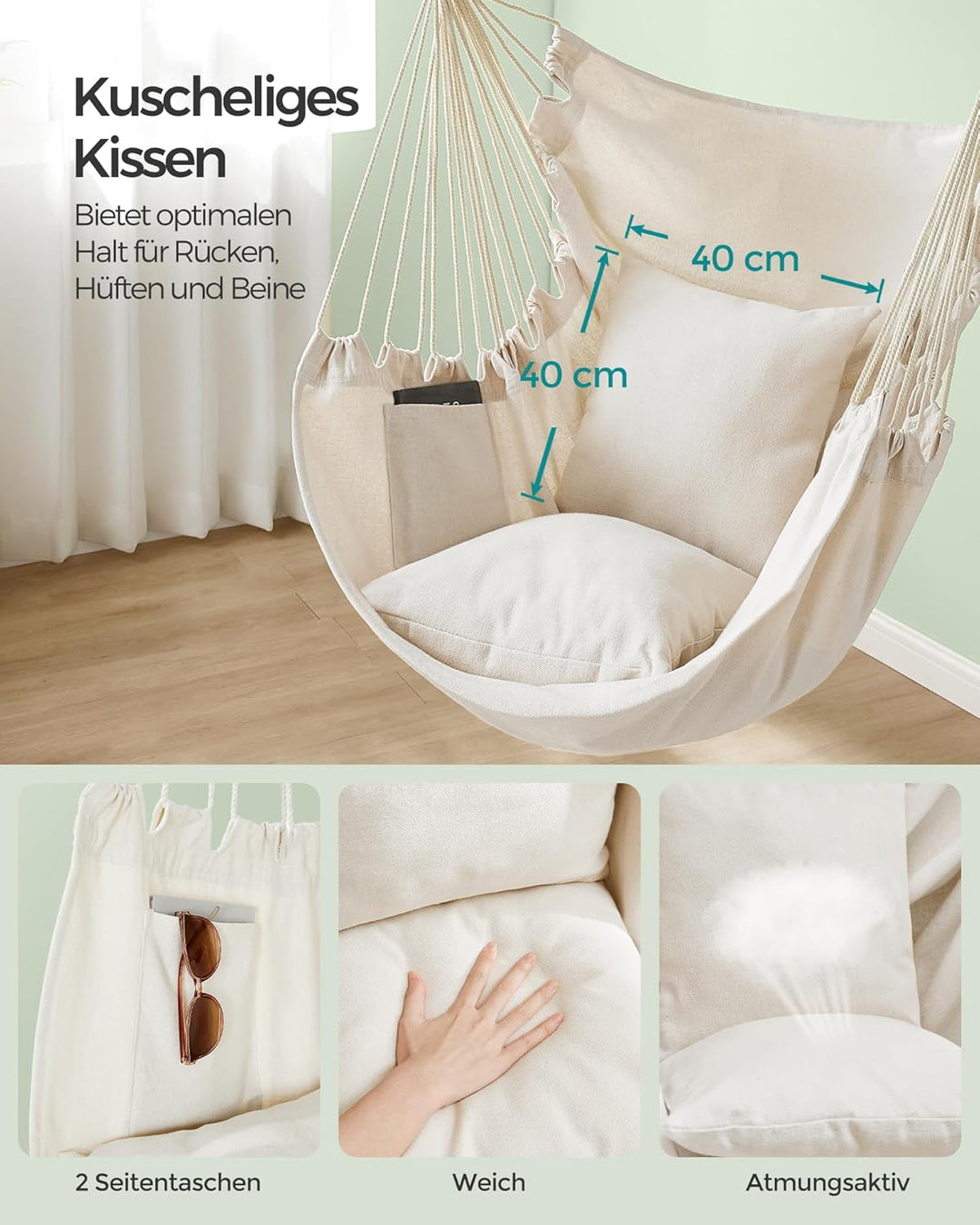 SONGMICS Hängesessel, Hängeschaukel, Hängestuhl mit 2 Kissen, Metallkette, bis 150 kg belastbar, Ind